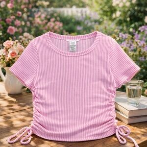 Pink & White Striped Girls Ruched side tie Caution To the Wind Top size 14